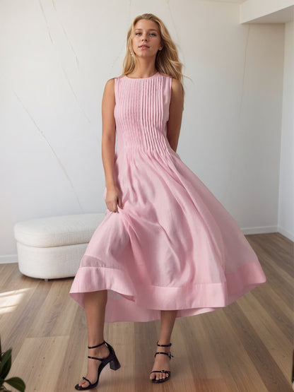 Sleeveless A-Line Midi Dress with Pleated Bodice