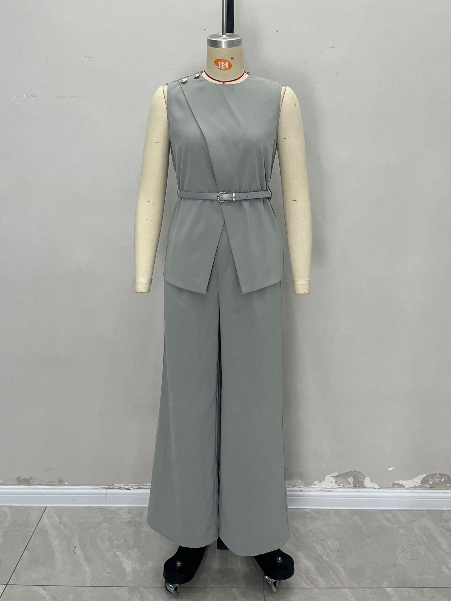 Solid Color Two-Piece Set with Sleeveless Top and Wide-Leg Trousers