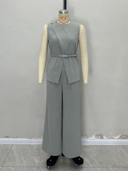 Solid Color Two-Piece Set with Sleeveless Top and Wide-Leg Trousers