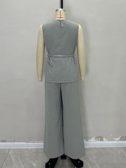 Solid Color Two-Piece Set with Sleeveless Top and Wide-Leg Trousers