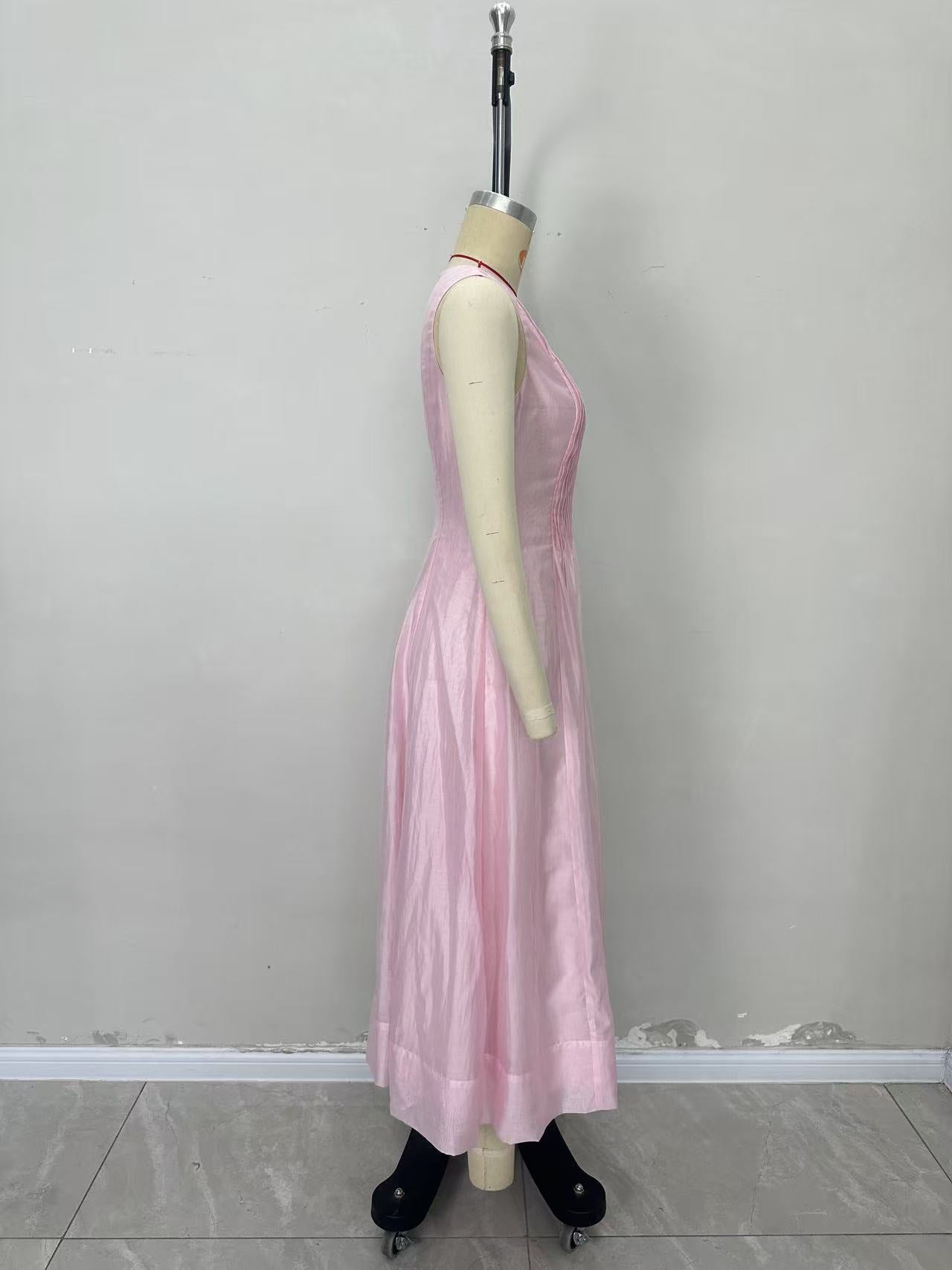 Sleeveless A-Line Midi Dress with Pleated Bodice