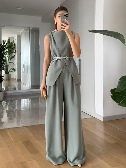 Solid Color Two-Piece Set with Sleeveless Top and Wide-Leg Trousers