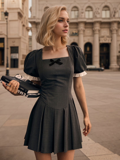 Pleated Mini Dress with Square Neck and Puff Sleeves