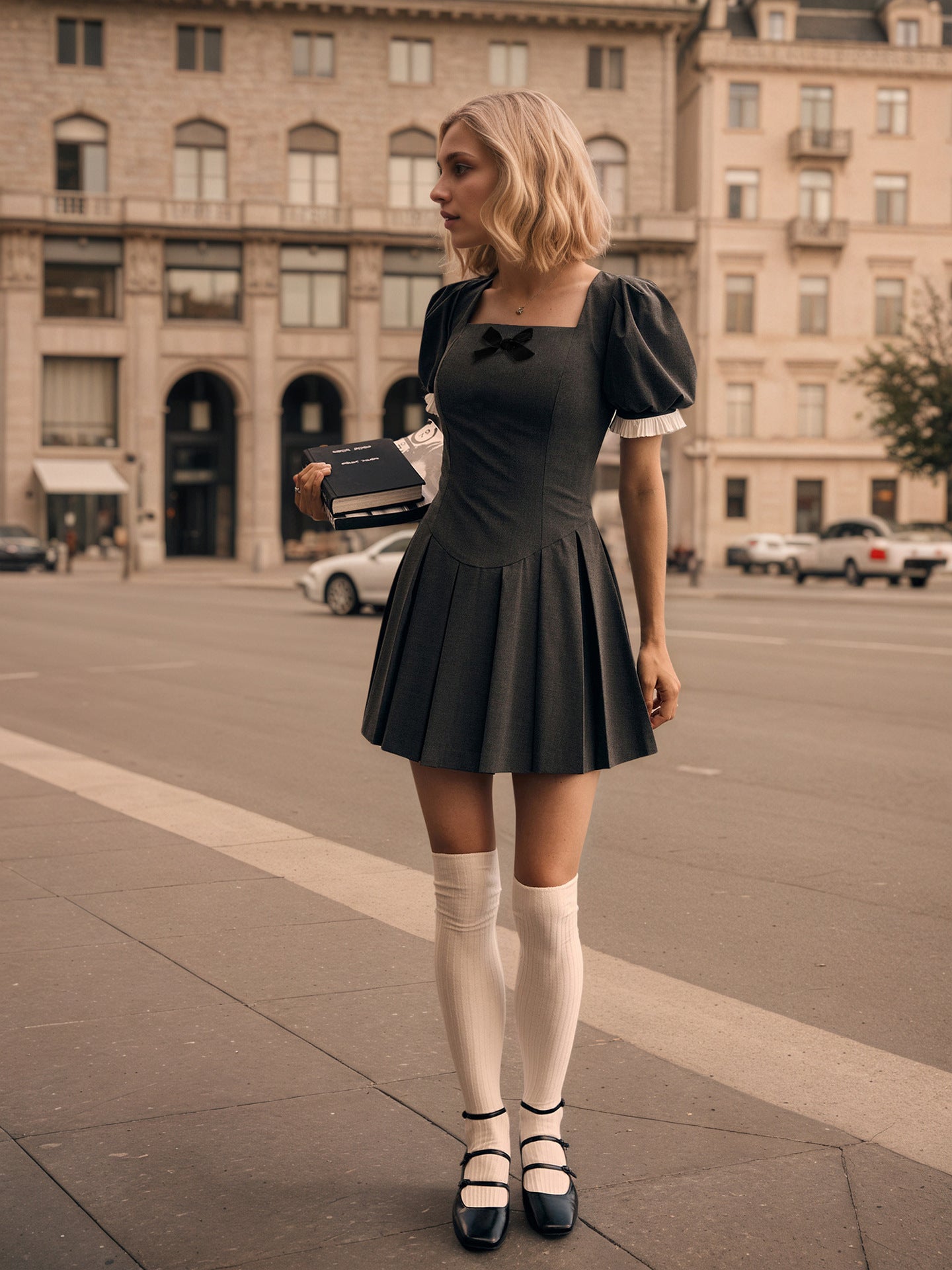 Pleated Mini Dress with Square Neck and Puff Sleeves