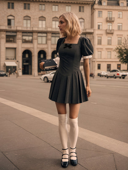 Pleated Mini Dress with Square Neck and Puff Sleeves