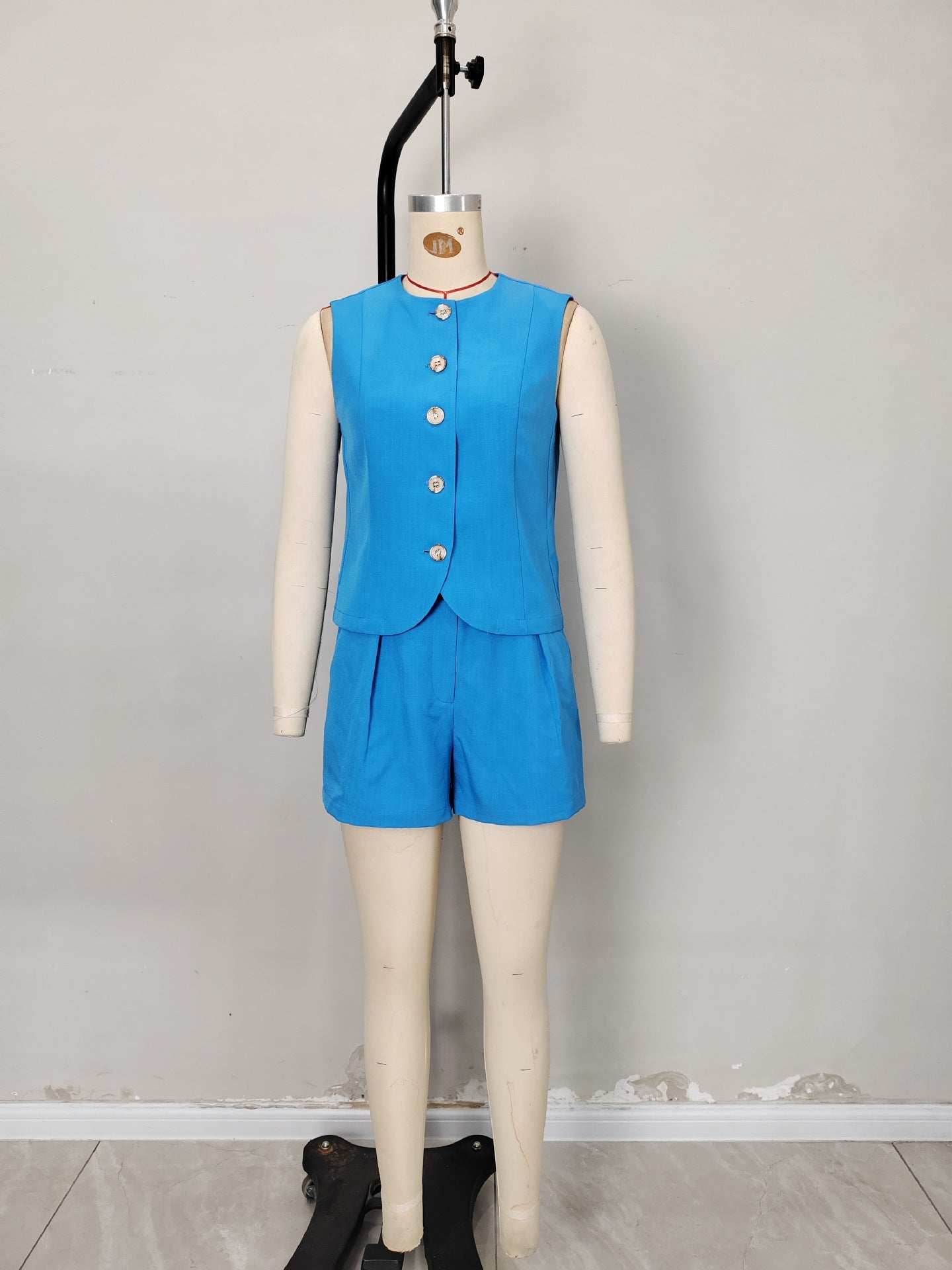 Solid Sleeveless Vest and Shorts Set with Button Front