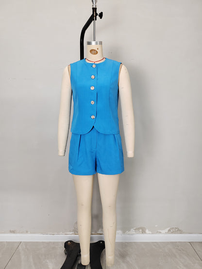 Solid Sleeveless Vest and Shorts Set with Button Front