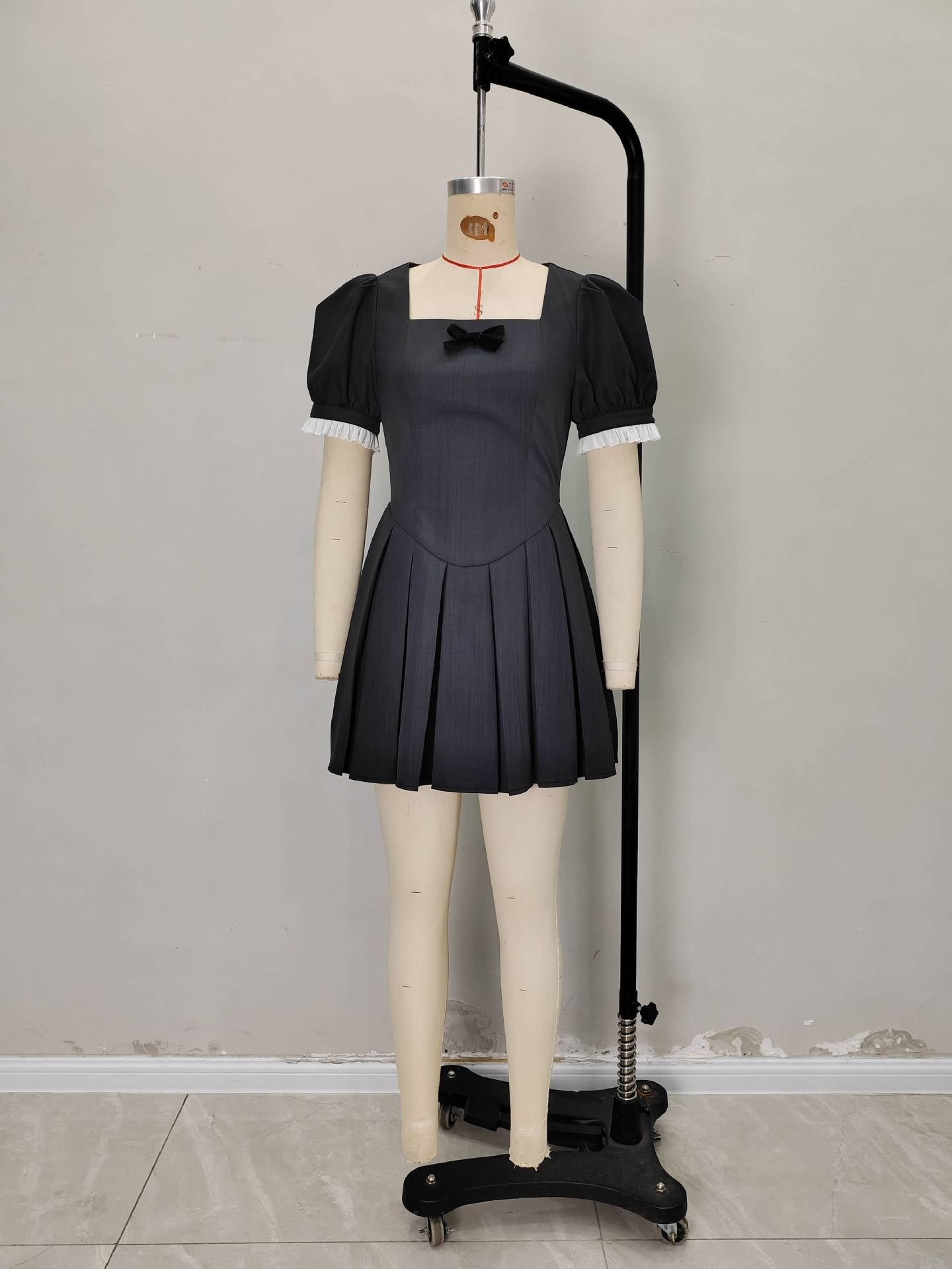 Pleated Mini Dress with Square Neck and Puff Sleeves