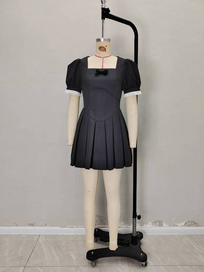 Pleated Mini Dress with Square Neck and Puff Sleeves