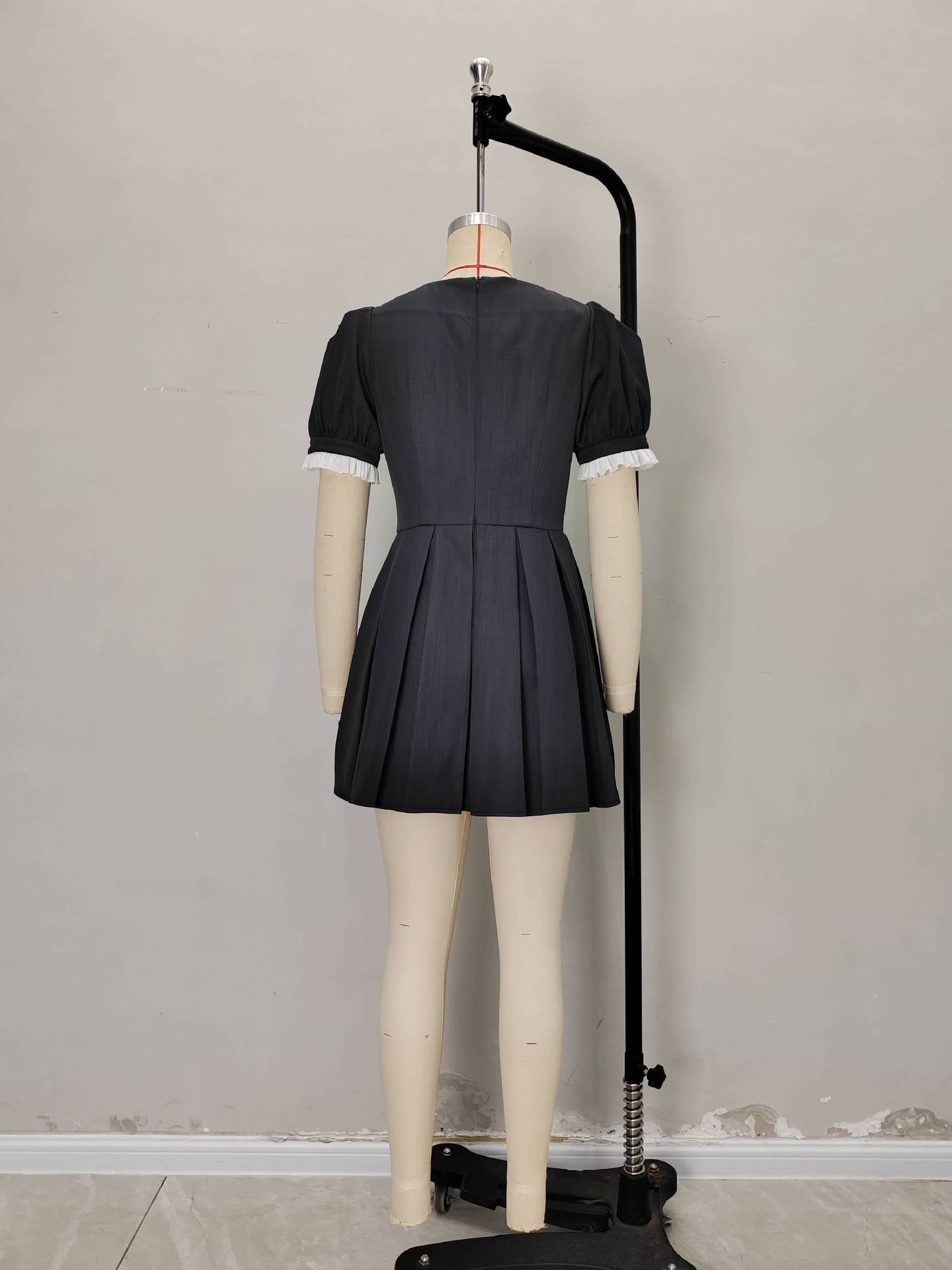 Pleated Mini Dress with Square Neck and Puff Sleeves