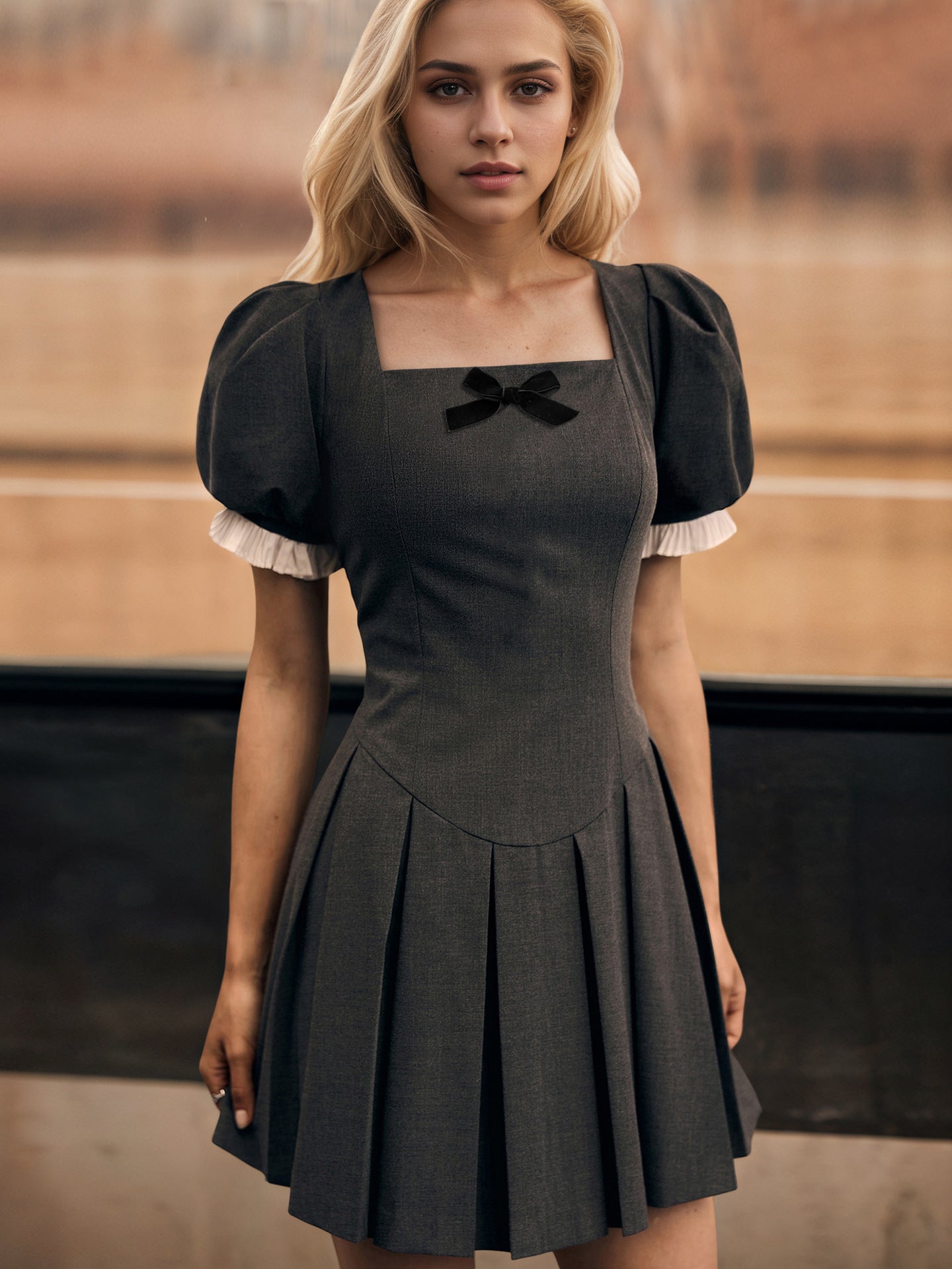 Pleated Mini Dress with Square Neck and Puff Sleeves