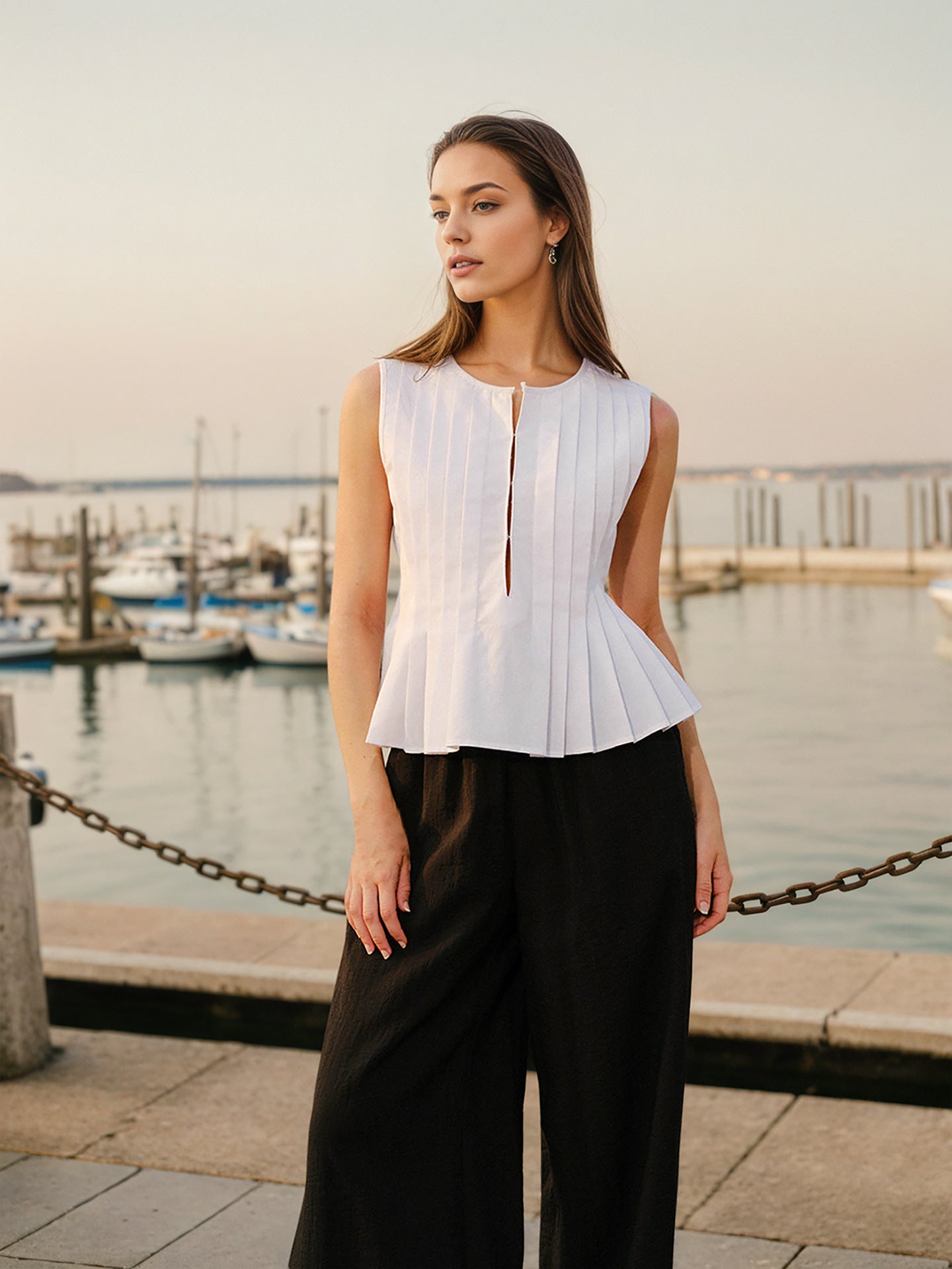Pleated Peplum Vest with Tie-Back Detail