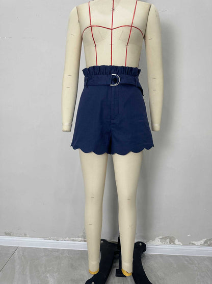 Wide Leg Shorts with Paperbag Waist and Scalloped Hem