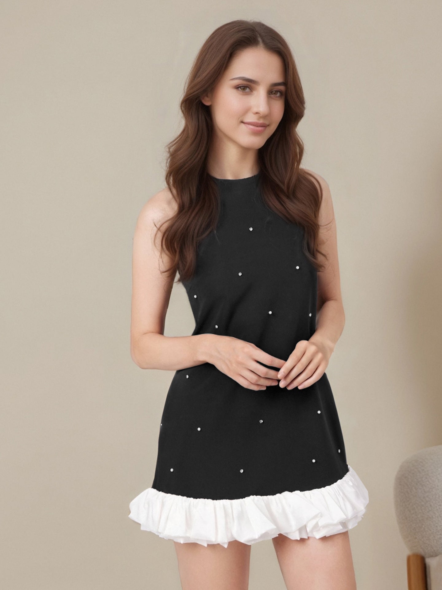 A-Line Sleeveless Dress with Pearl Embellishments and Ruffle Hem