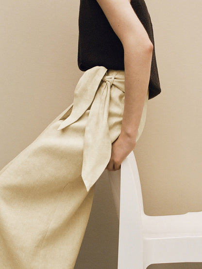 Solid Linen Blend Wrap Skirt with Tie-Front and Irregular Hem
