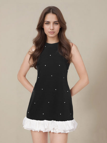 A-Line Sleeveless Dress with Pearl Embellishments and Ruffle Hem