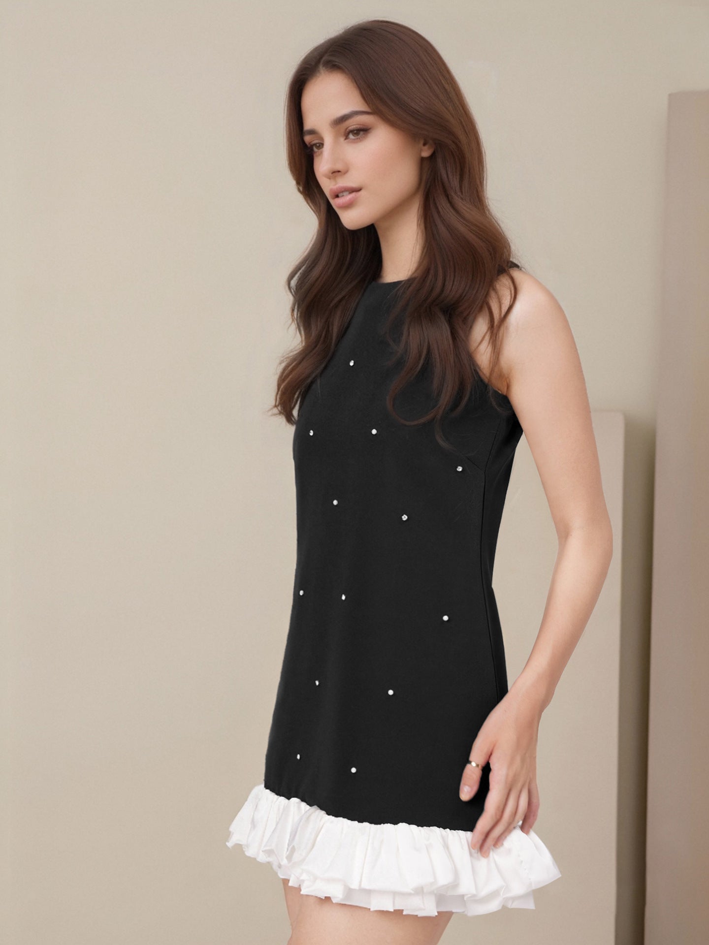 A-Line Sleeveless Dress with Pearl Embellishments and Ruffle Hem