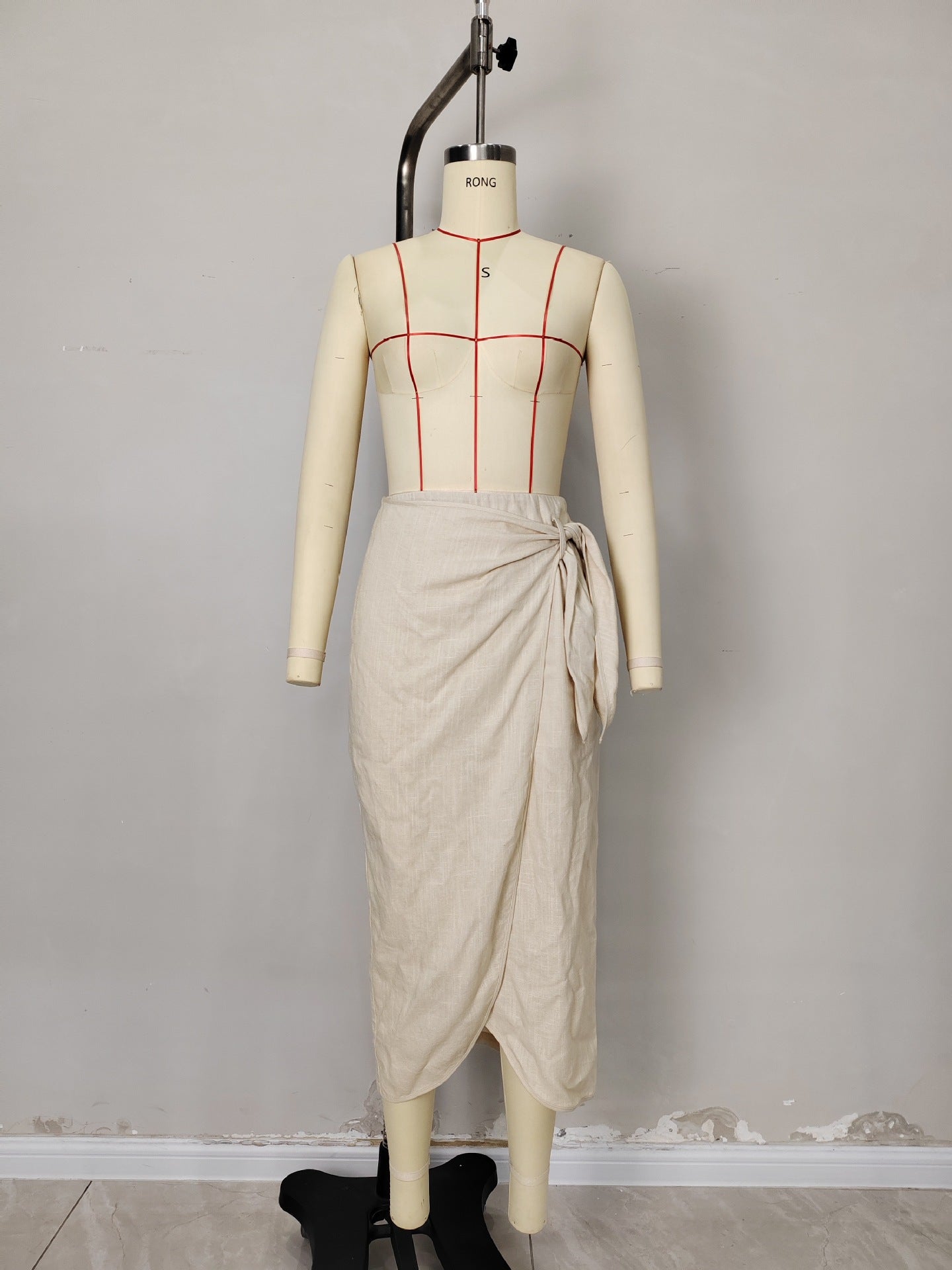 Solid Linen Blend Wrap Skirt with Tie-Front and Irregular Hem