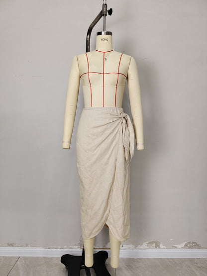Solid Linen Blend Wrap Skirt with Tie-Front and Irregular Hem