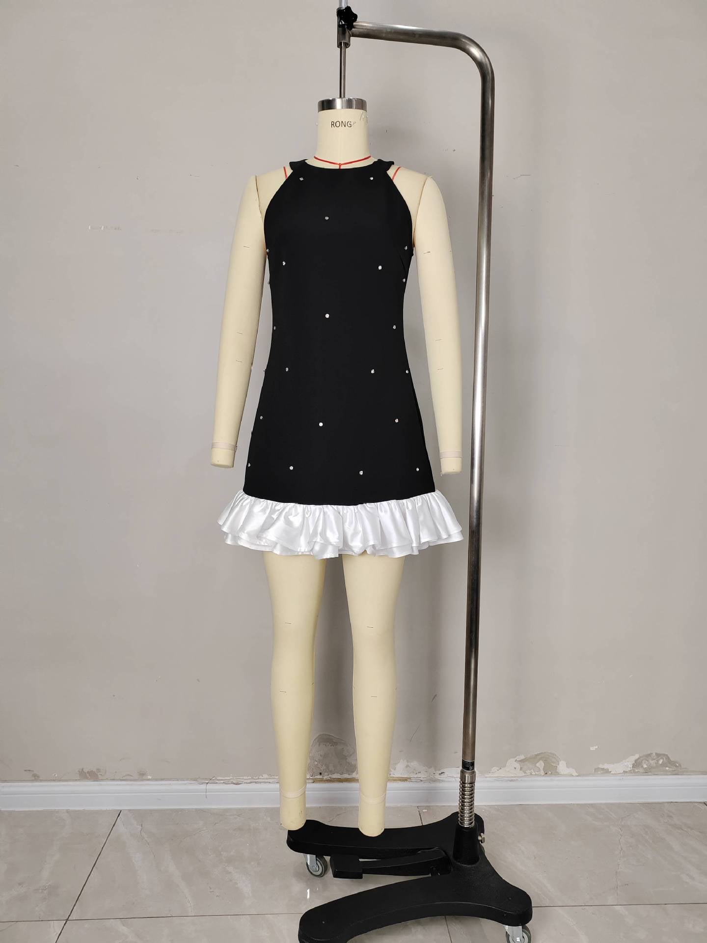A-Line Sleeveless Dress with Pearl Embellishments and Ruffle Hem