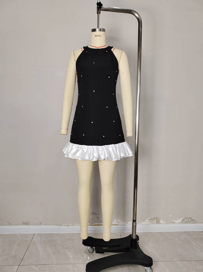 A-Line Sleeveless Dress with Pearl Embellishments and Ruffle Hem