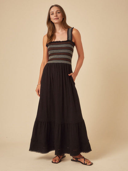 Spliced Maxi Dress with Embroidered Smocked Bodice and Tiered Hem