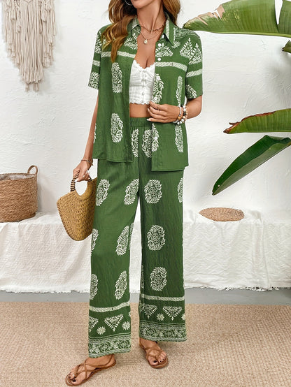 Botanical Print Short-Sleeve Shirt & Wide-Leg Pants Set