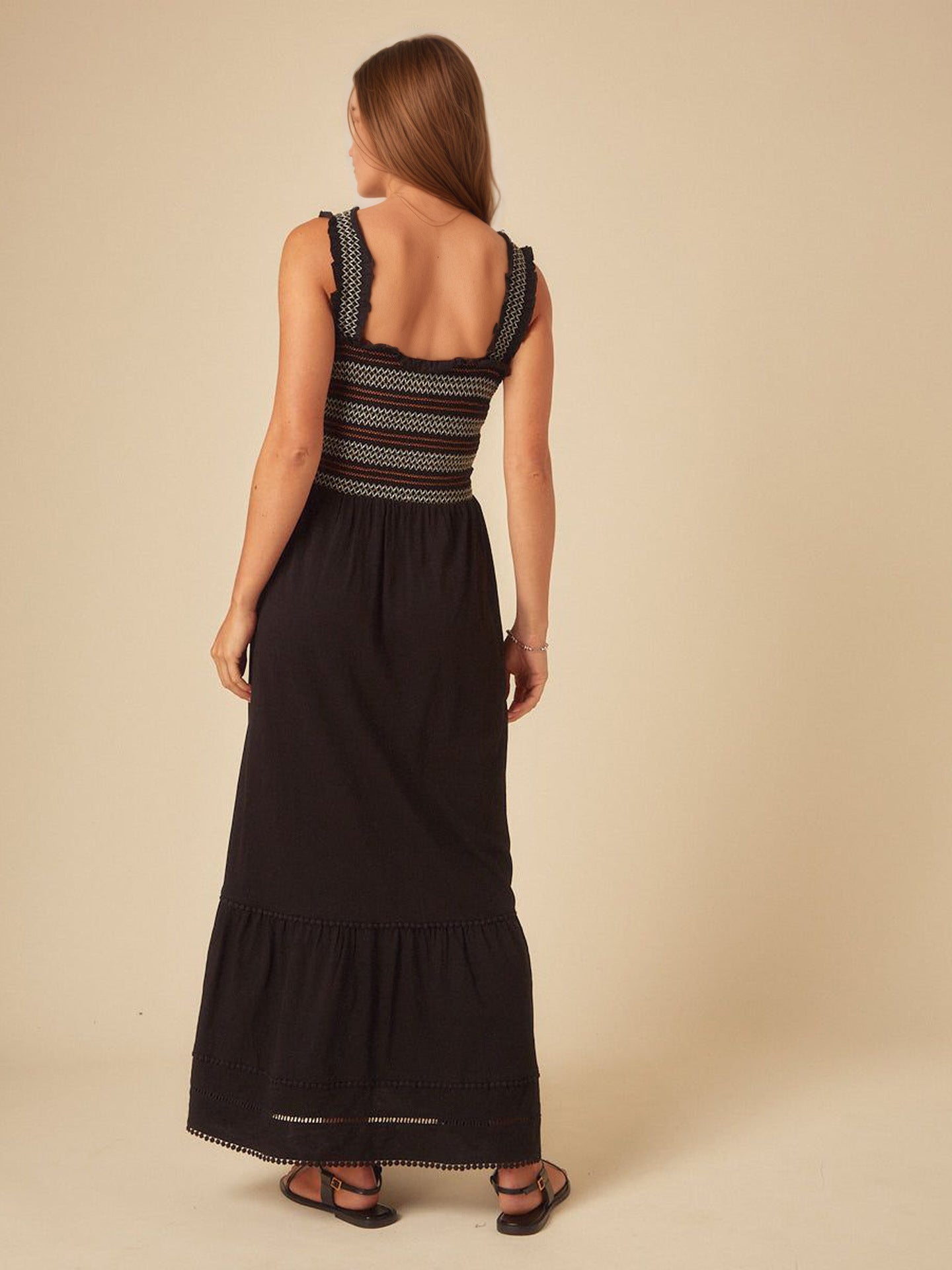 Spliced Maxi Dress with Embroidered Smocked Bodice and Tiered Hem