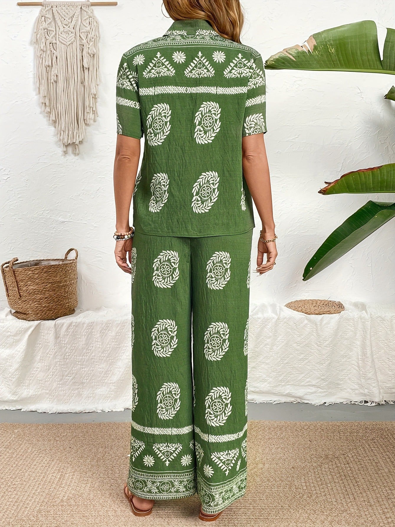 Botanical Print Short-Sleeve Shirt & Wide-Leg Pants Set