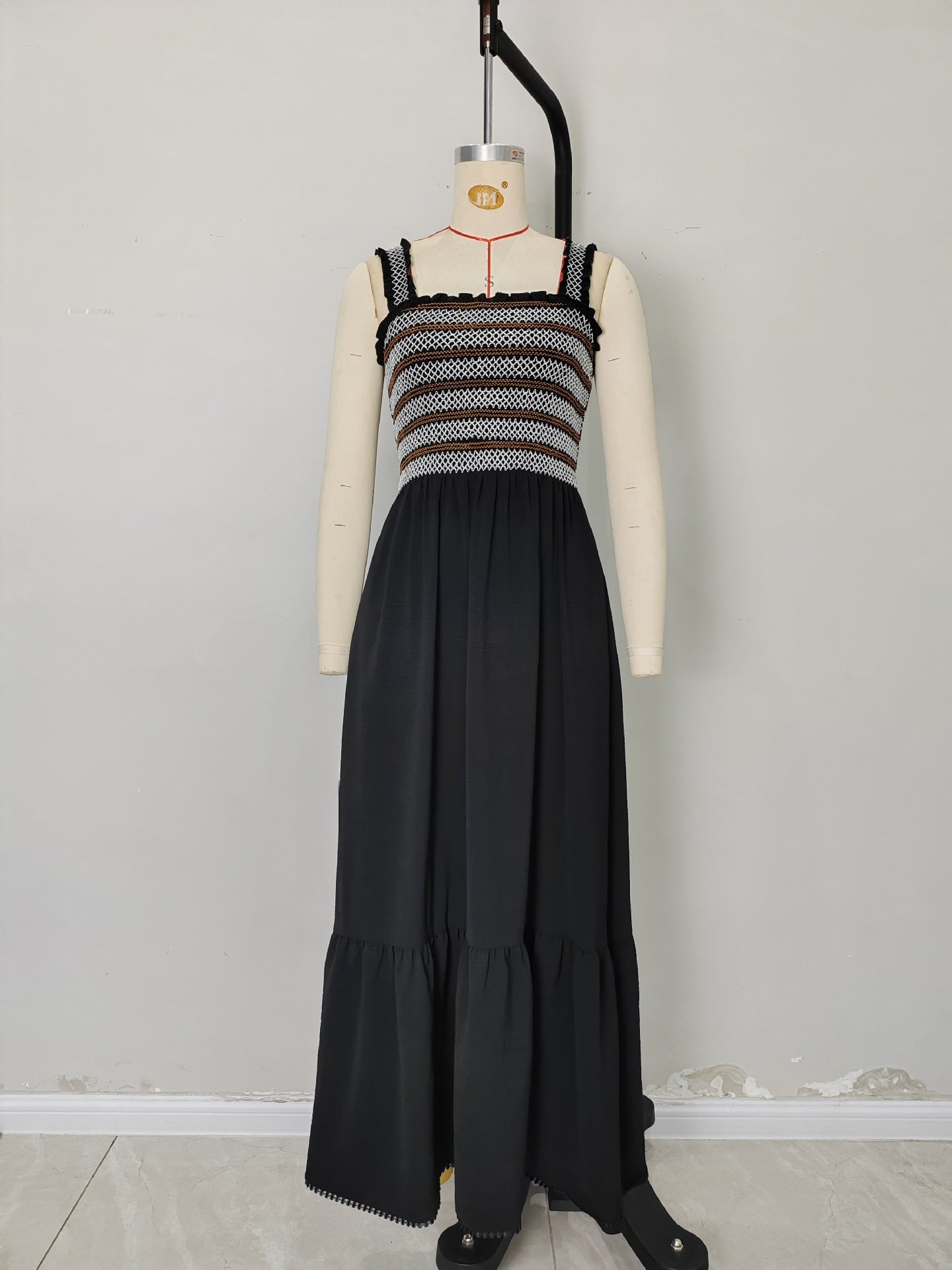 Spliced Maxi Dress with Embroidered Smocked Bodice and Tiered Hem