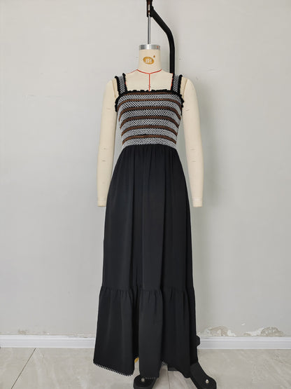 Spliced Maxi Dress with Embroidered Smocked Bodice and Tiered Hem