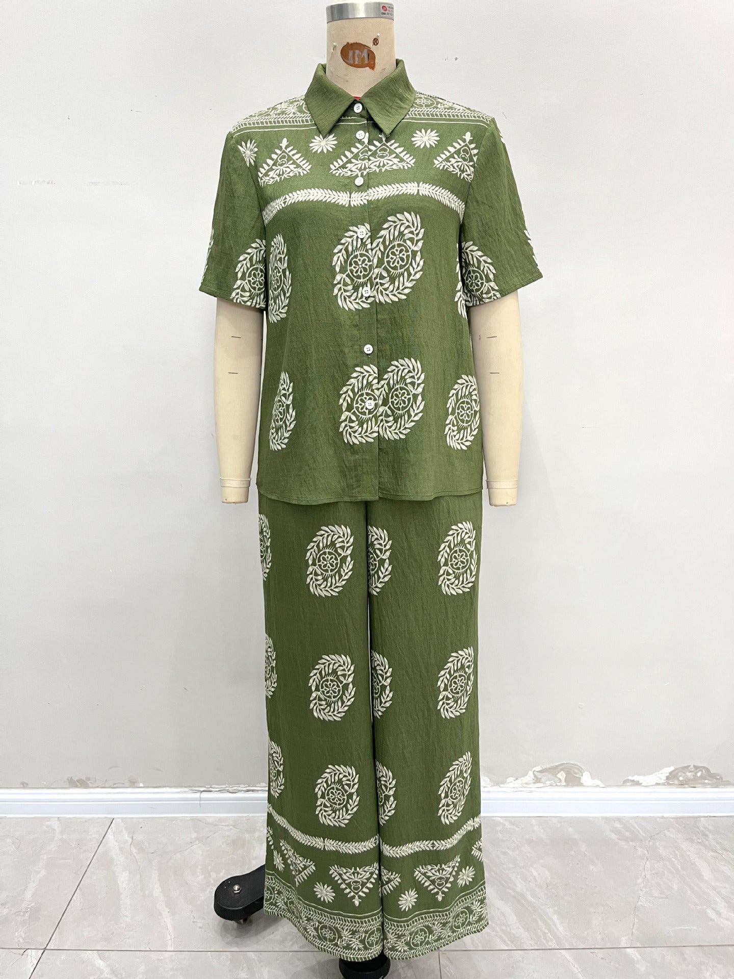 Botanical Print Short-Sleeve Shirt & Wide-Leg Pants Set
