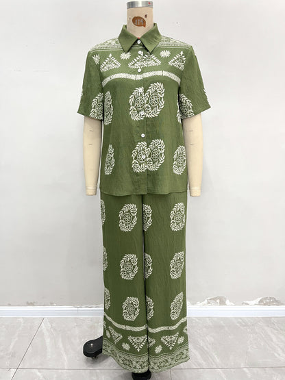 Botanical Print Short-Sleeve Shirt & Wide-Leg Pants Set