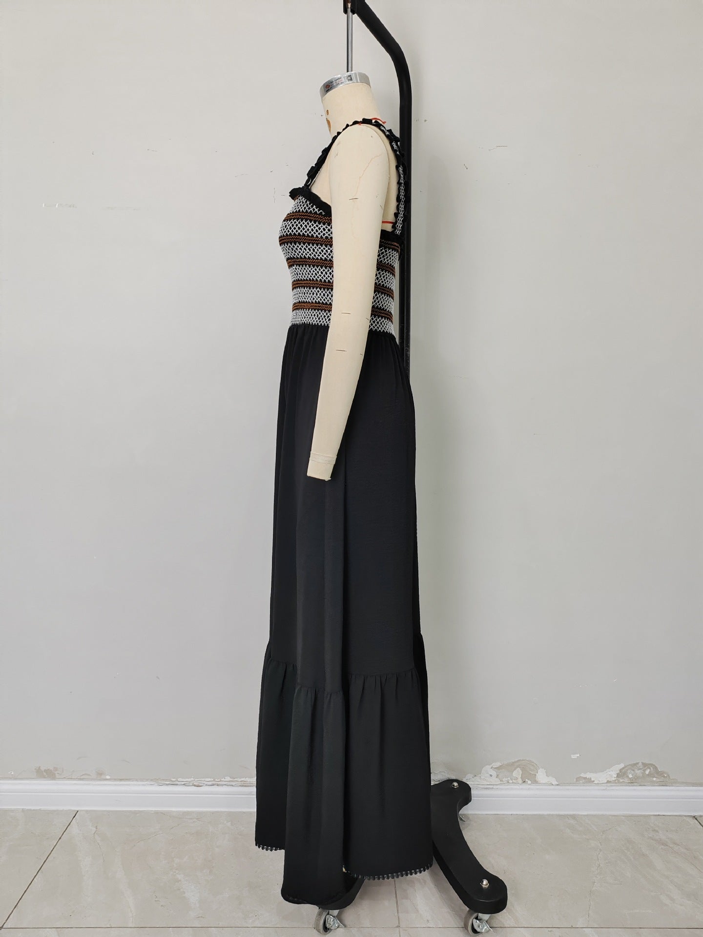 Spliced Maxi Dress with Embroidered Smocked Bodice and Tiered Hem