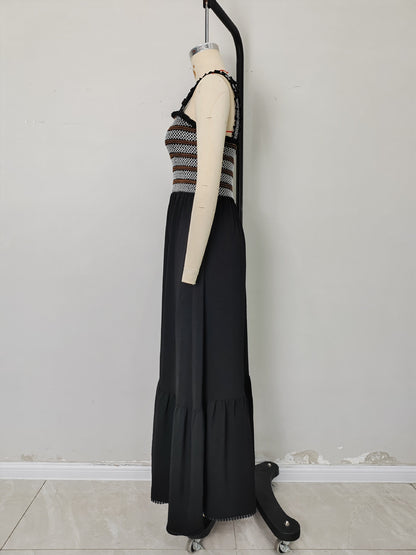 Spliced Maxi Dress with Embroidered Smocked Bodice and Tiered Hem