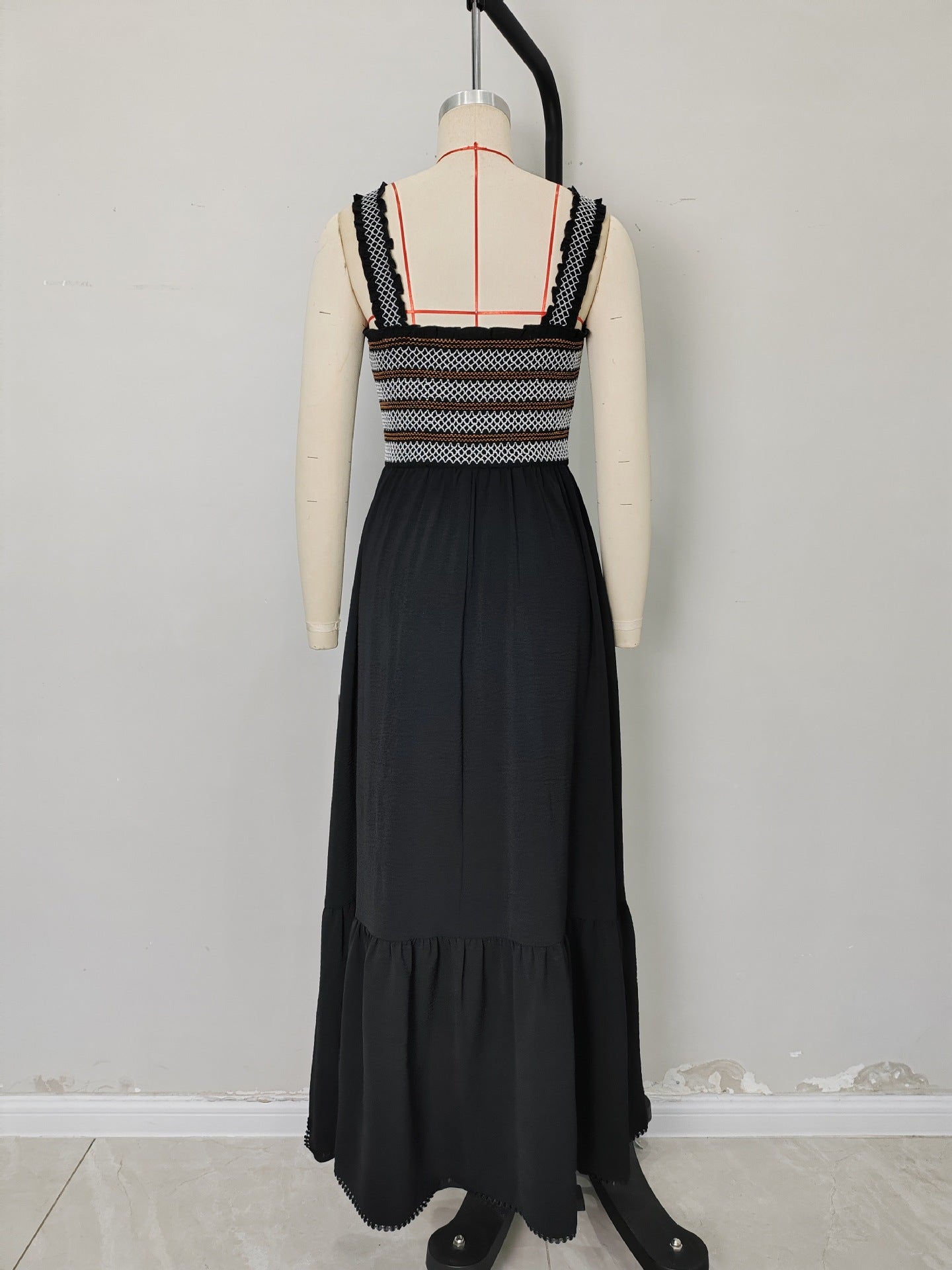 Spliced Maxi Dress with Embroidered Smocked Bodice and Tiered Hem
