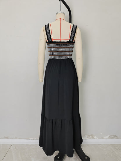 Spliced Maxi Dress with Embroidered Smocked Bodice and Tiered Hem