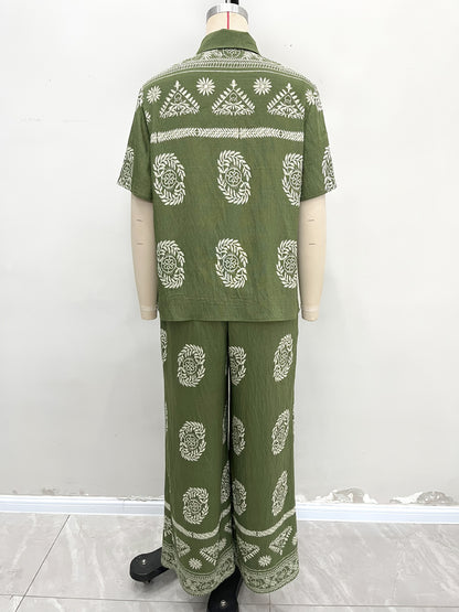 Botanical Print Short-Sleeve Shirt & Wide-Leg Pants Set