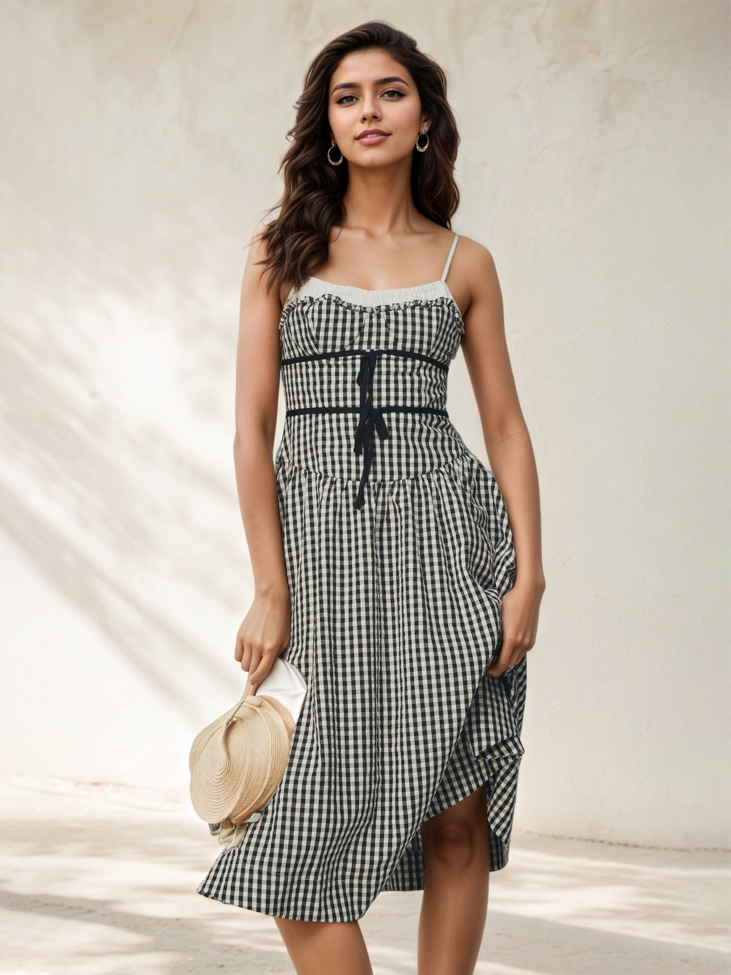 Slip Gingham Midi Dress with Tie Waist