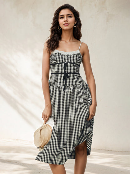 Slip Gingham Midi Dress with Tie Waist