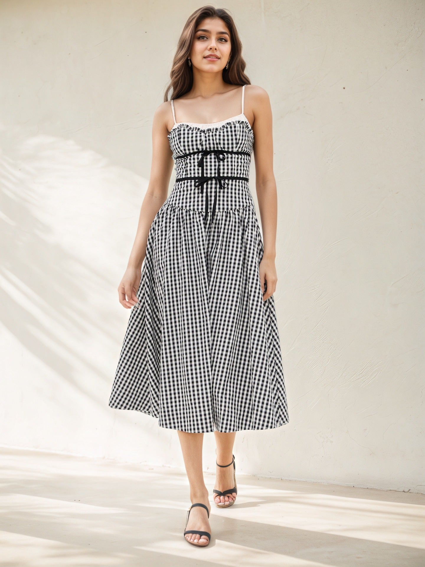 Slip Gingham Midi Dress with Tie Waist
