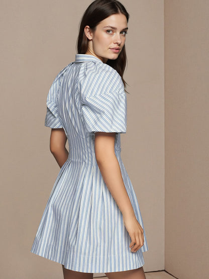 Striped A-Line Mini Shirt Dress with Puff Sleeves