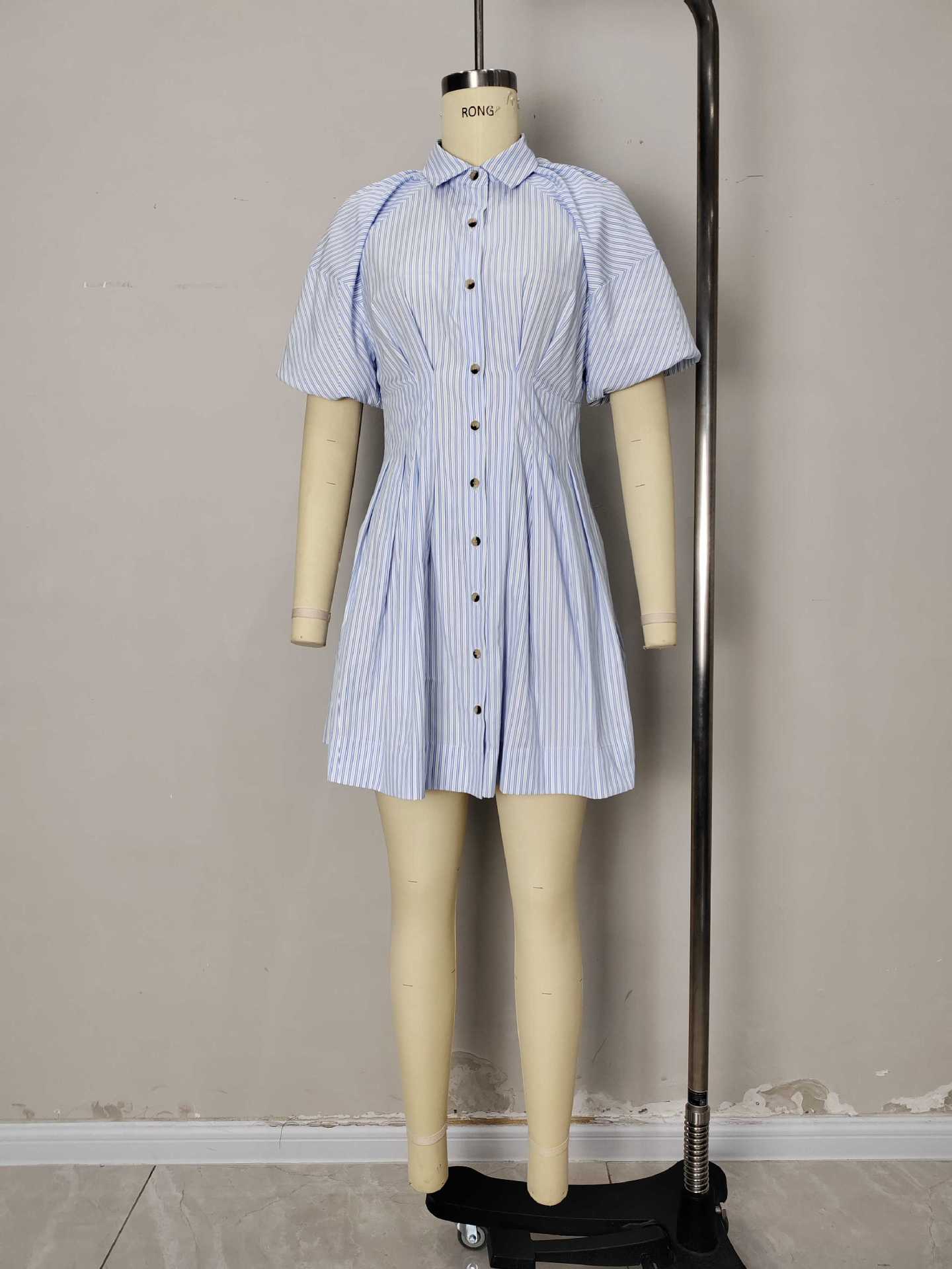 Striped A-Line Mini Shirt Dress with Puff Sleeves