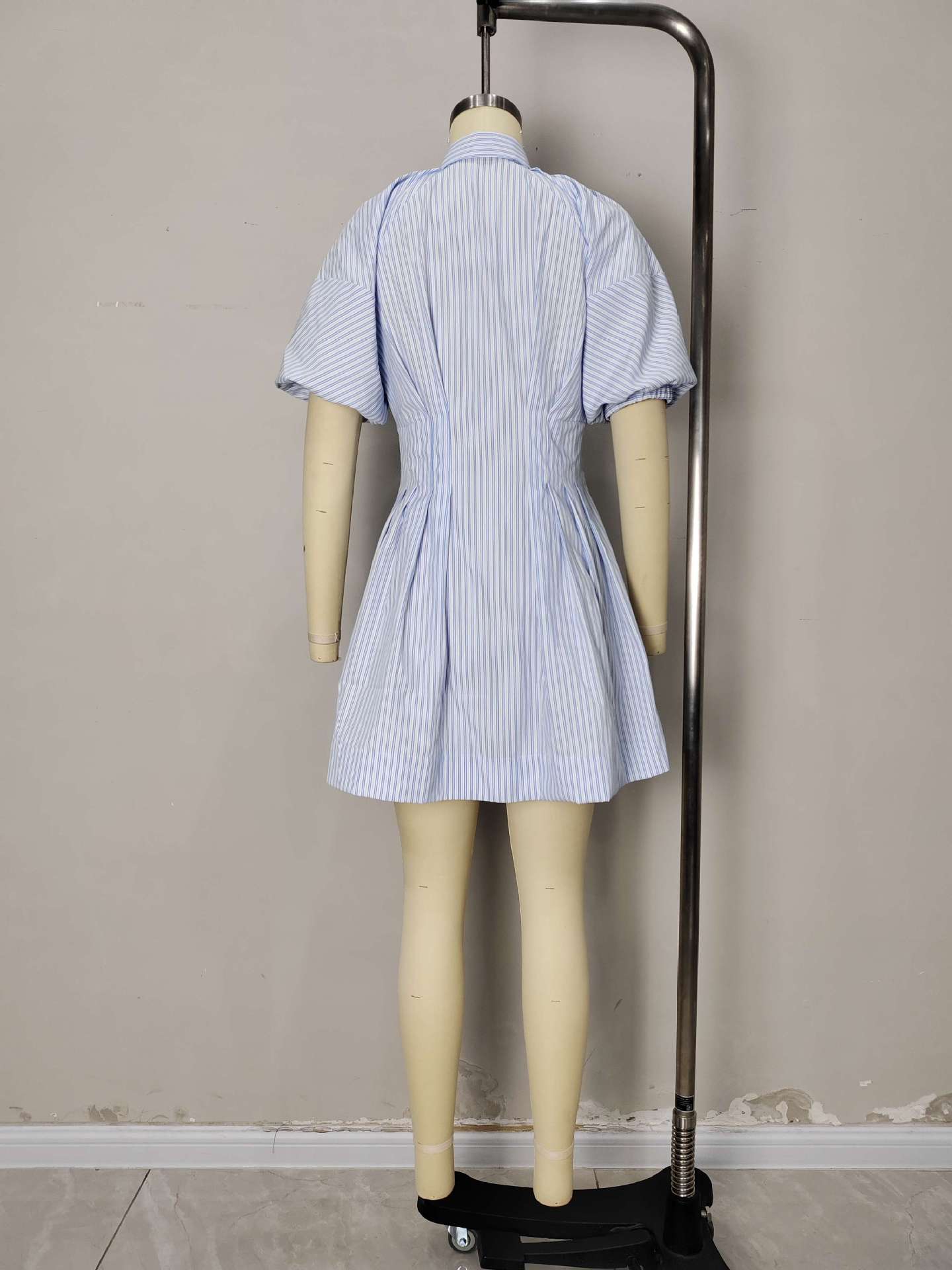Striped A-Line Mini Shirt Dress with Puff Sleeves