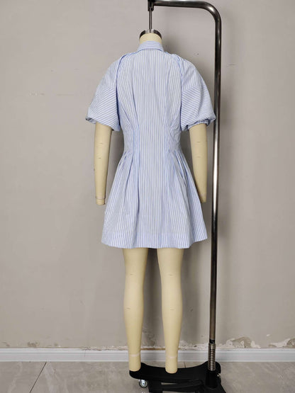 Striped A-Line Mini Shirt Dress with Puff Sleeves