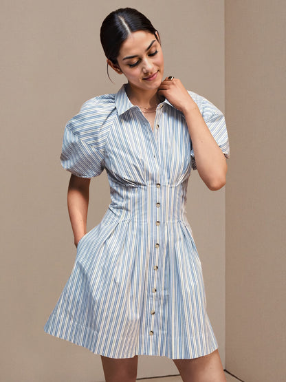 Striped A-Line Mini Shirt Dress with Puff Sleeves