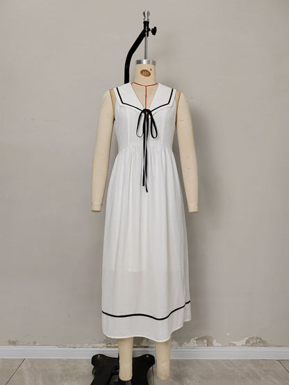 Sleeveless A-Line Midi Dress with Navy Collar