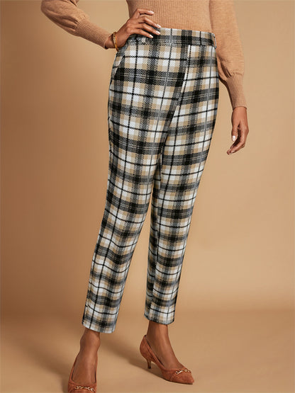 Plaid Cropped Trousers with High Elastic Waist