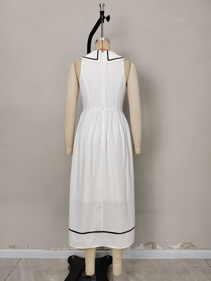 Sleeveless A-Line Midi Dress with Navy Collar