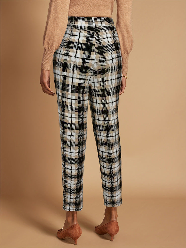Plaid Cropped Trousers with High Elastic Waist